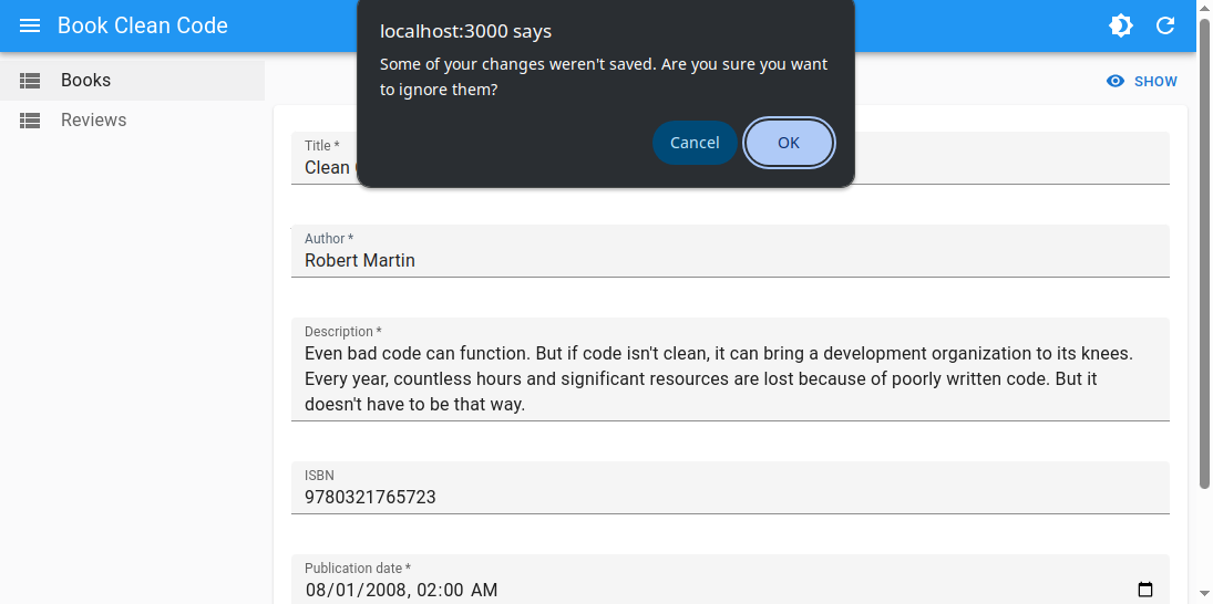 Admin with unsaved changes warning